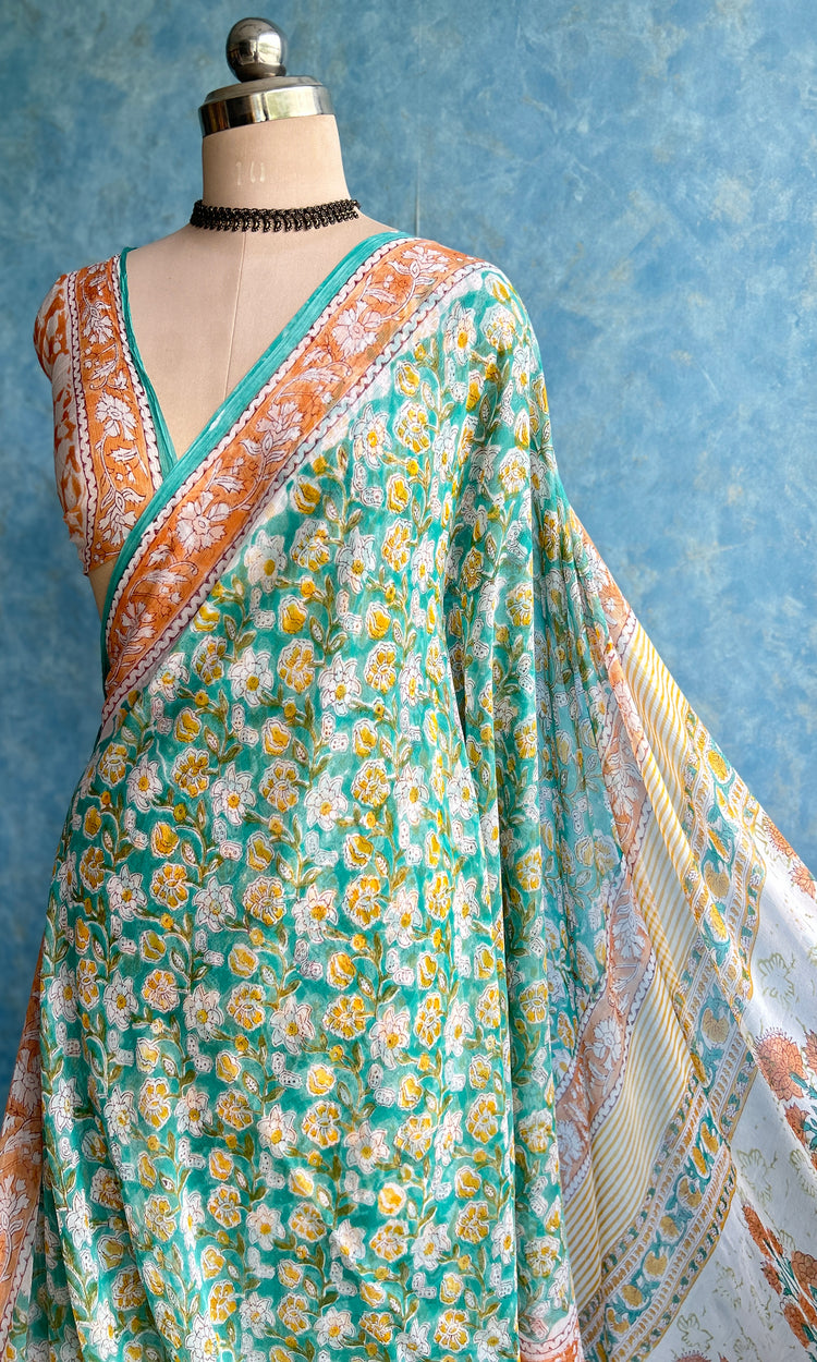 Green Chiffon Handblock Printed Saree