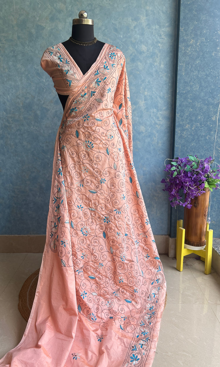 Peach Blush Hand Kantha Saree