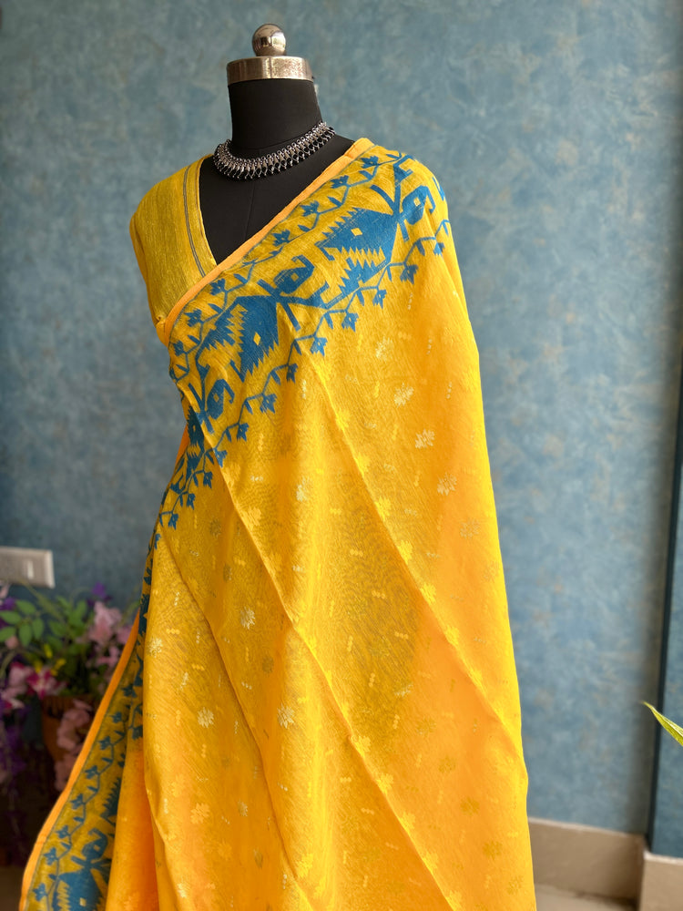 Yellow and Blue Soft Dhakai Jamdani