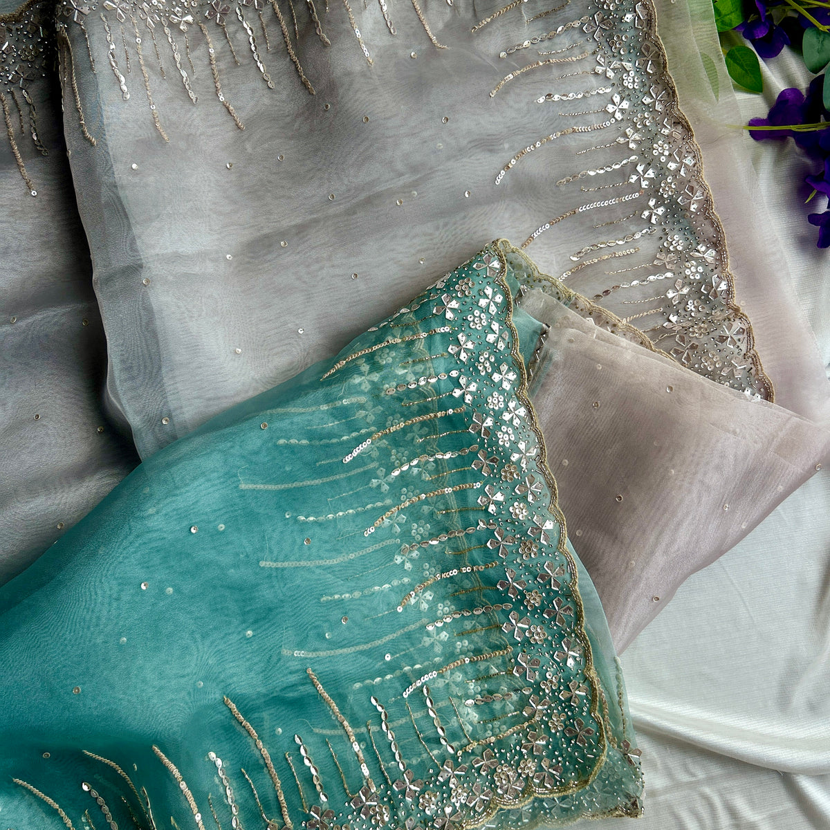Aqua and Perl Colour Hand Embroidery on Organza Sari — view 6