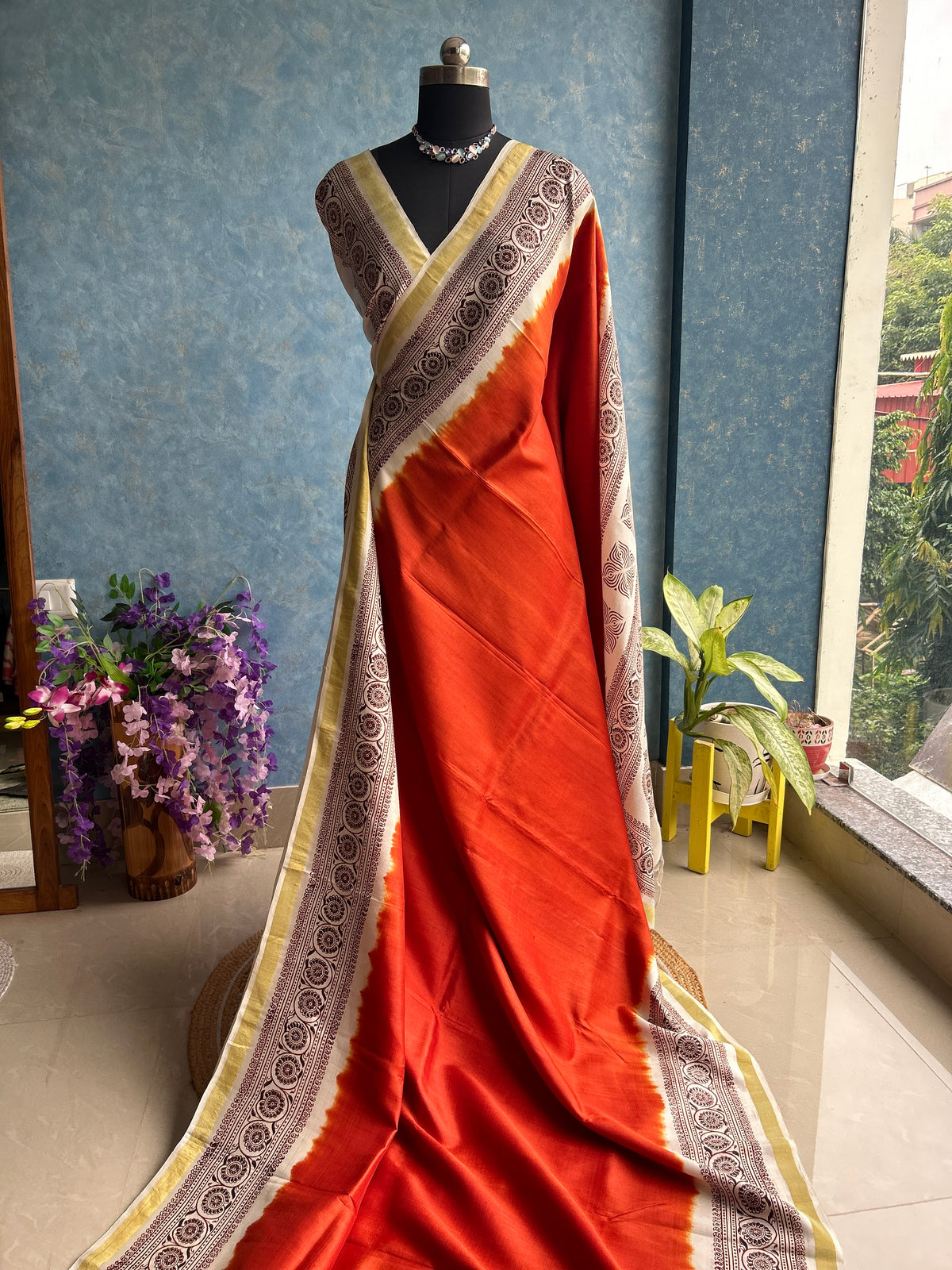Neo Orange Handblock Bishnupuri Silk Sari — view 4