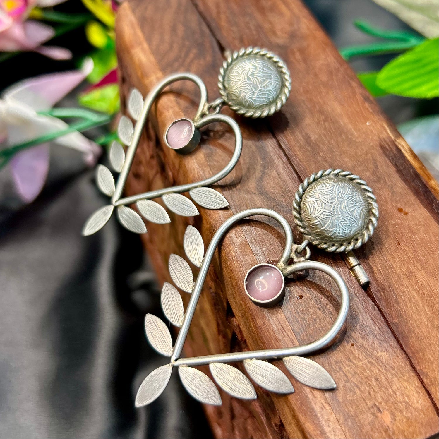 Pink Silver Oxidised Earrings — view 2