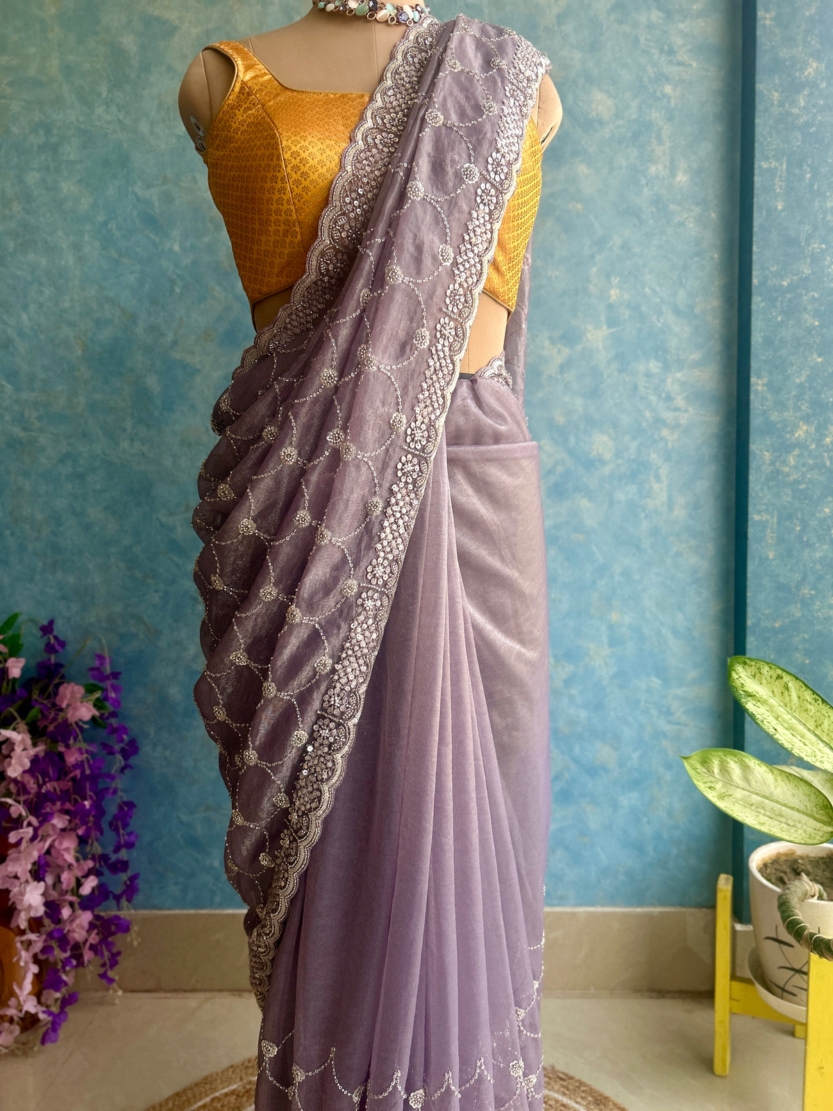 Light Purple Hand Embroidery on Tissue Sari — view 4