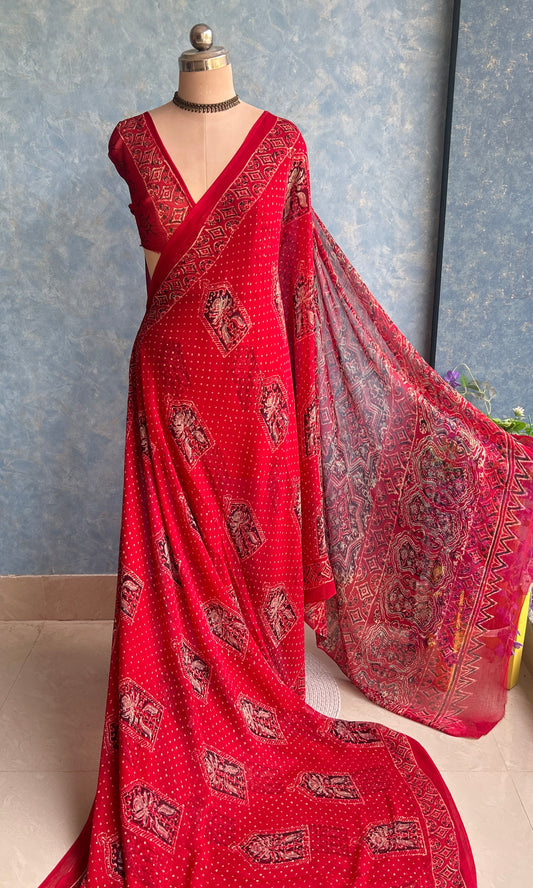 Red Chiffon Handblock Printed Saree