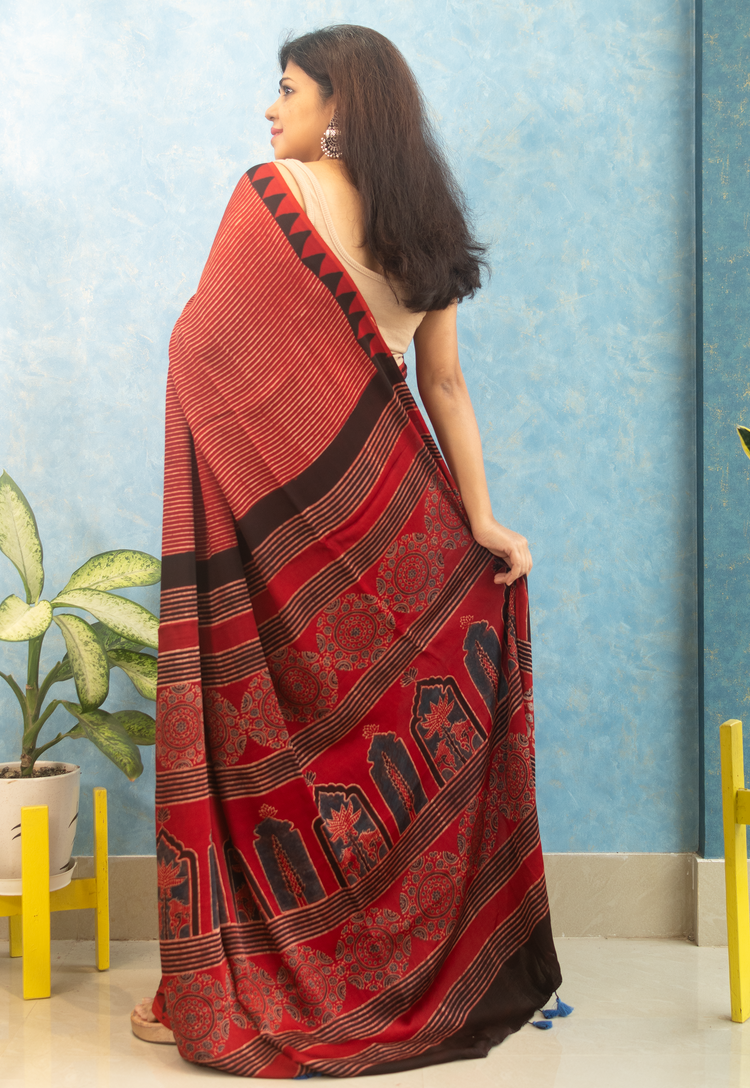 MAROON RED AJRAK BLOCK PRINTED MODAL SILK SARI