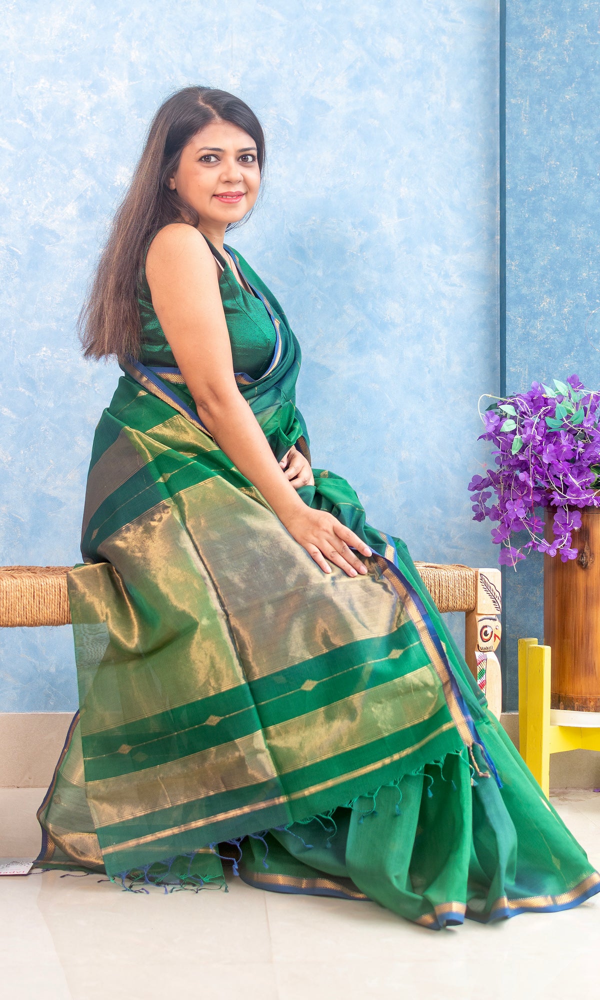 Pure Silk Handwoven Green Maheshwari Sari — view 3