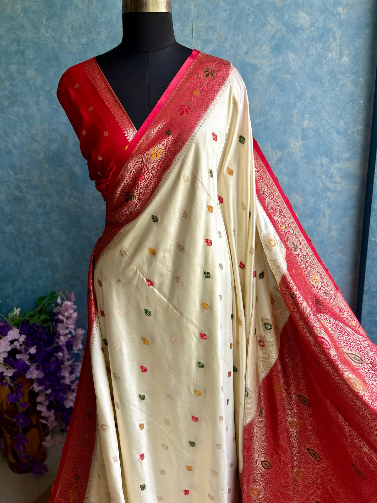 Golden Zari Red Masru Silk Sari — view 3