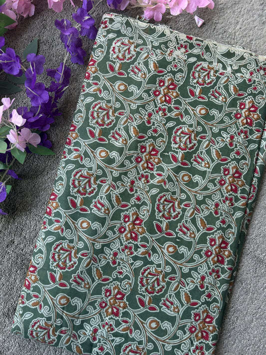 Sap Green Floral Printed Cotton Fabric