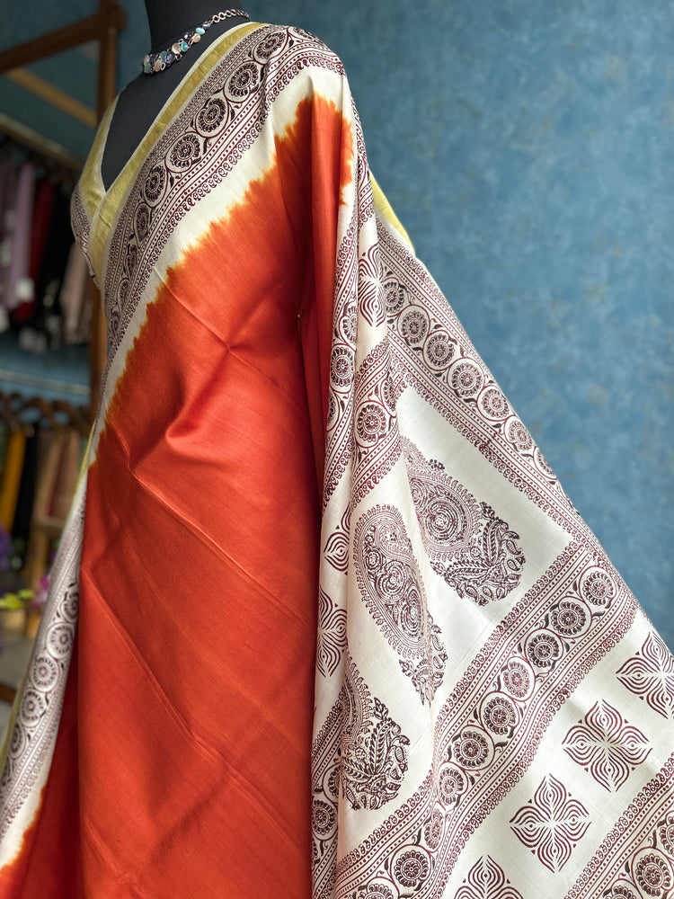 Neo Orange Handblock Bishnupuri Silk Sari