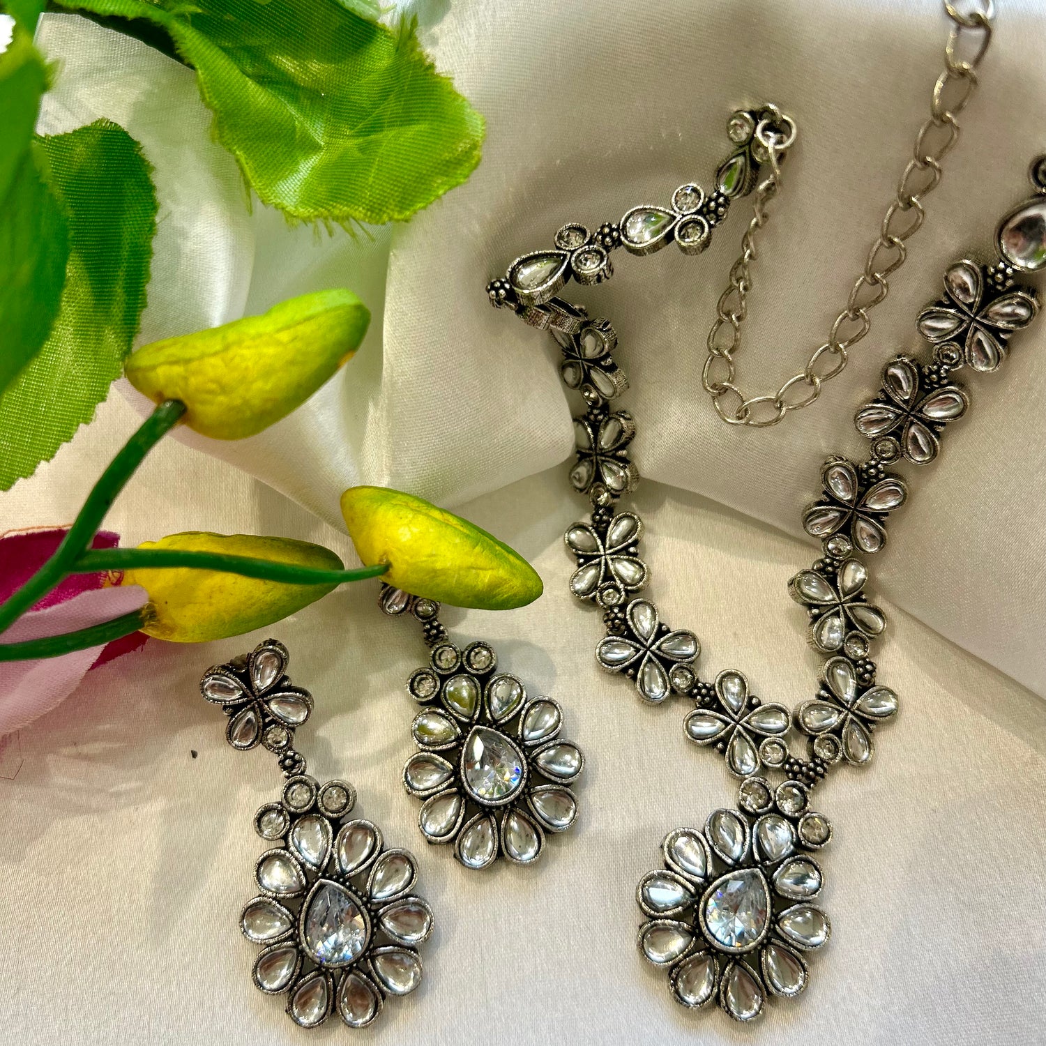 Silver Stone Oxidised Necklace Set — view 3