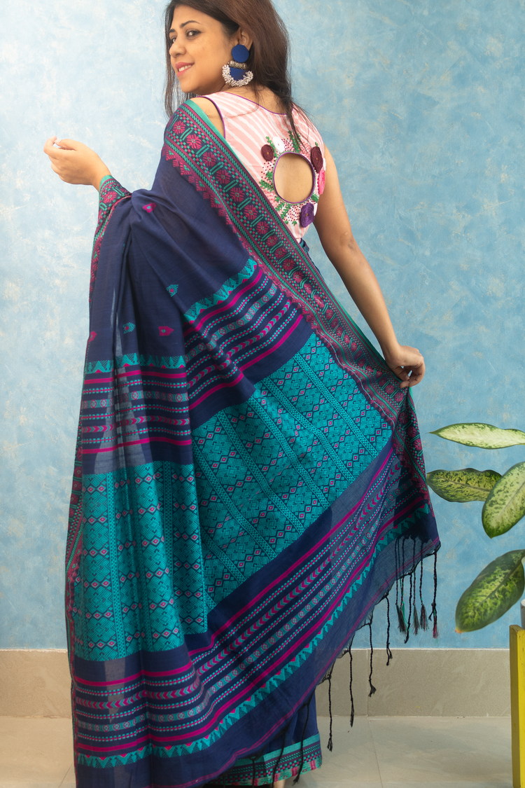 Royal Blue Handwoven Khadi Cotton Sari With Dhanikhali Woven Pallu