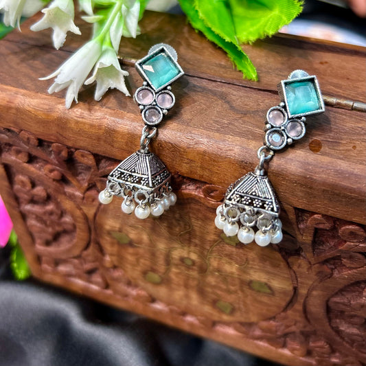 Turquoise Oxidised Silver Jhumka