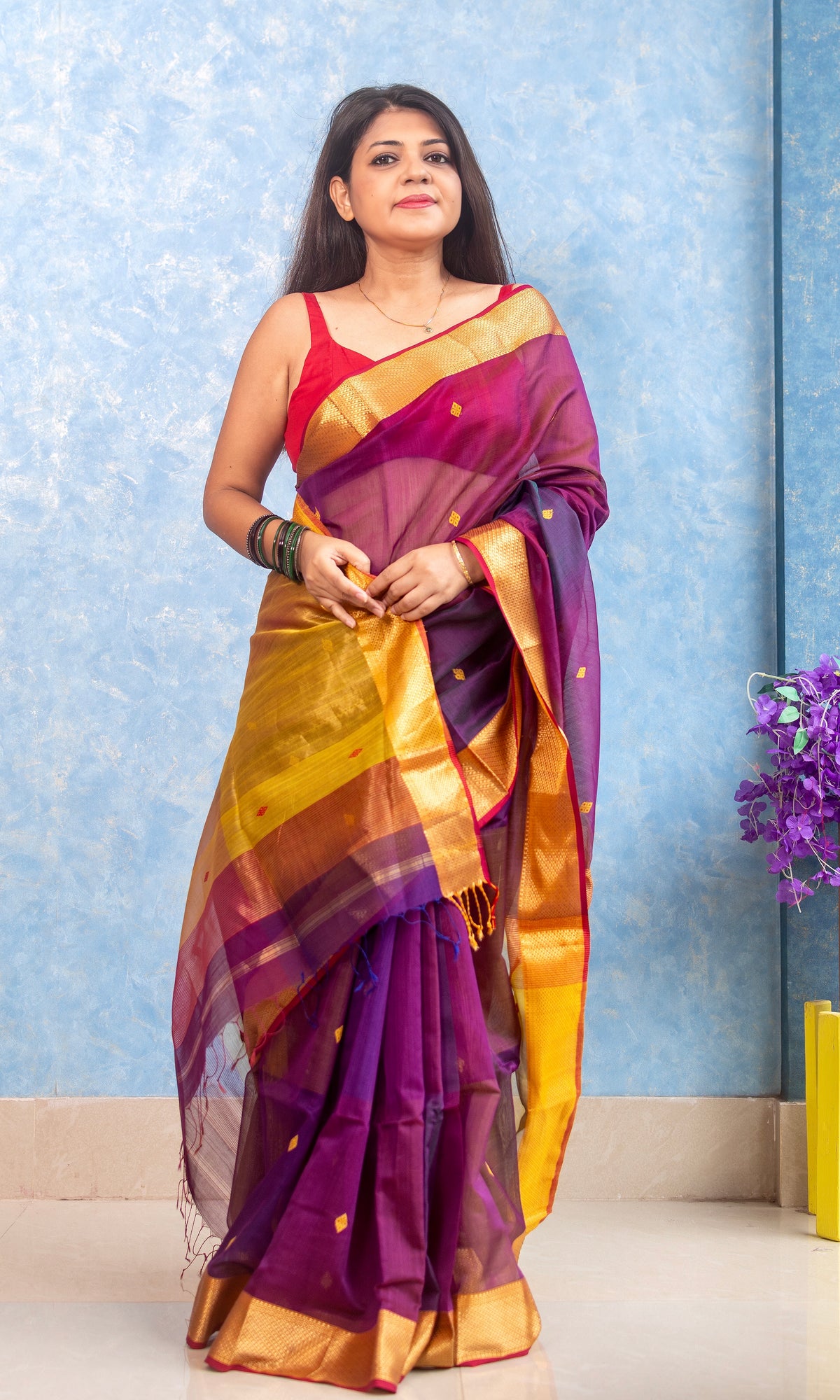 Pure Silk Handwoven Purple Maheshwari Sari — view 4