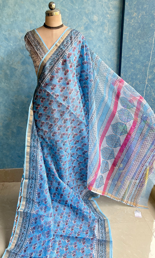 Powder Blue HandBlock Printed Kota Sari