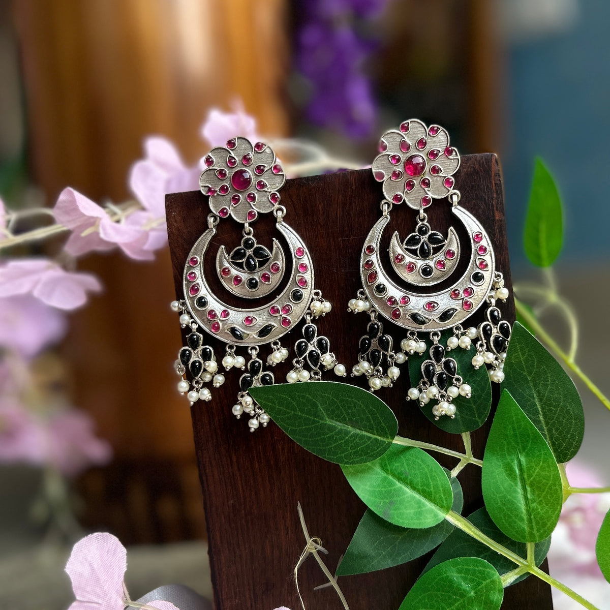 Pink and Black Silver Oxidised Earrings — view 2