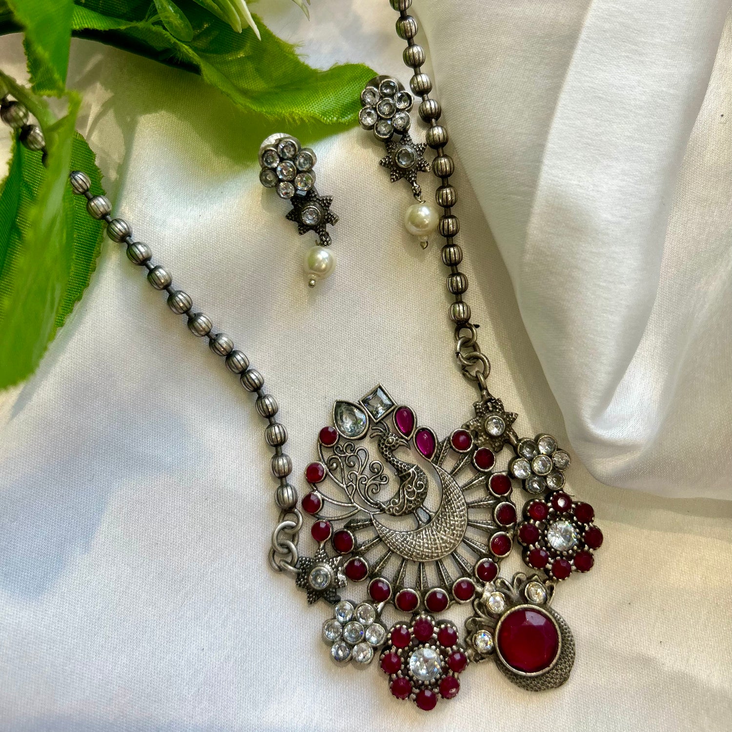 Peacock Pink Stone Oxidised Necklace Set — view 2