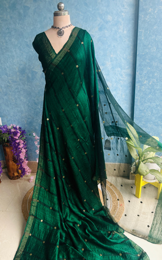 Deep Green Handloom Matka Muslin Silk Sari