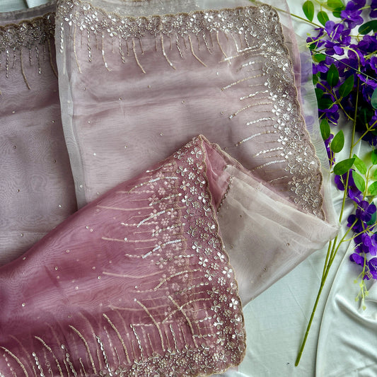 Plum and Perl Colour Hand Embroidery on Organza Sari