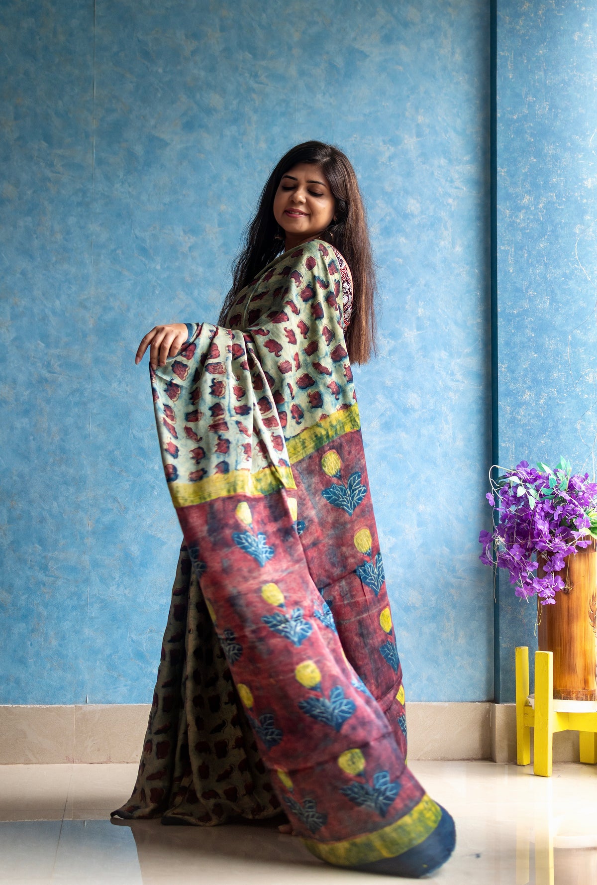 Natural Pomegranate Peel Dyed Modal Tussar Ajrakh Saree — view 4