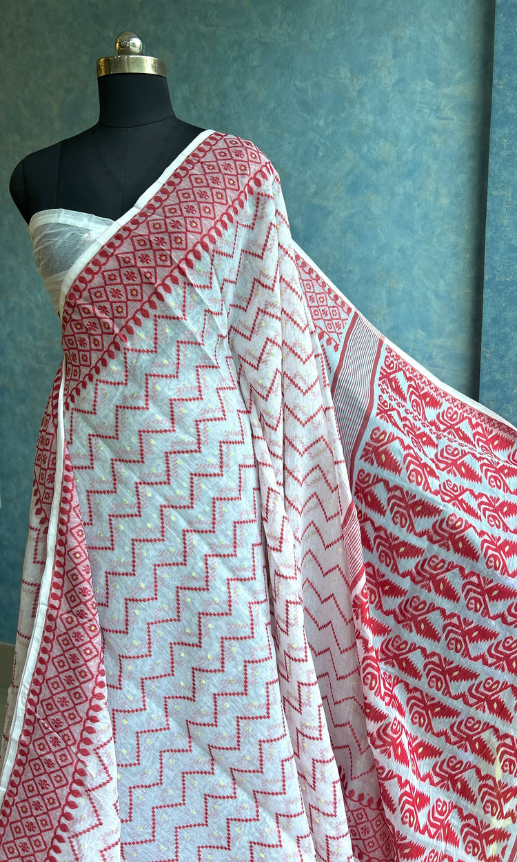 White Red Dhakai Jamdani