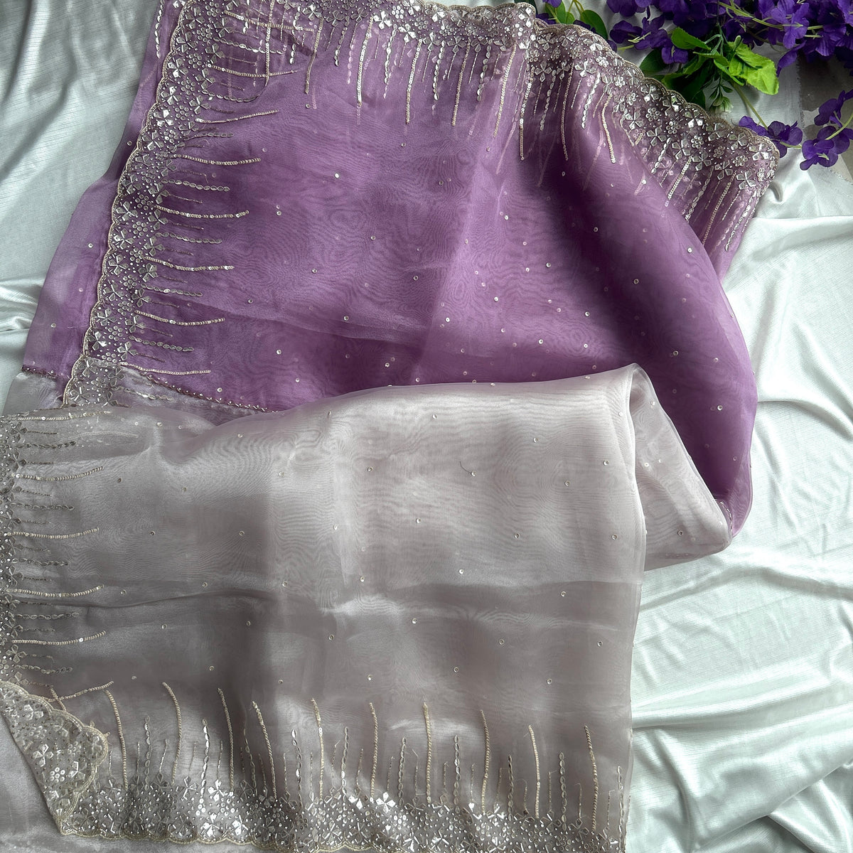 Mauve and Perl Colour Hand Embroidery on Organza Sari — view 4