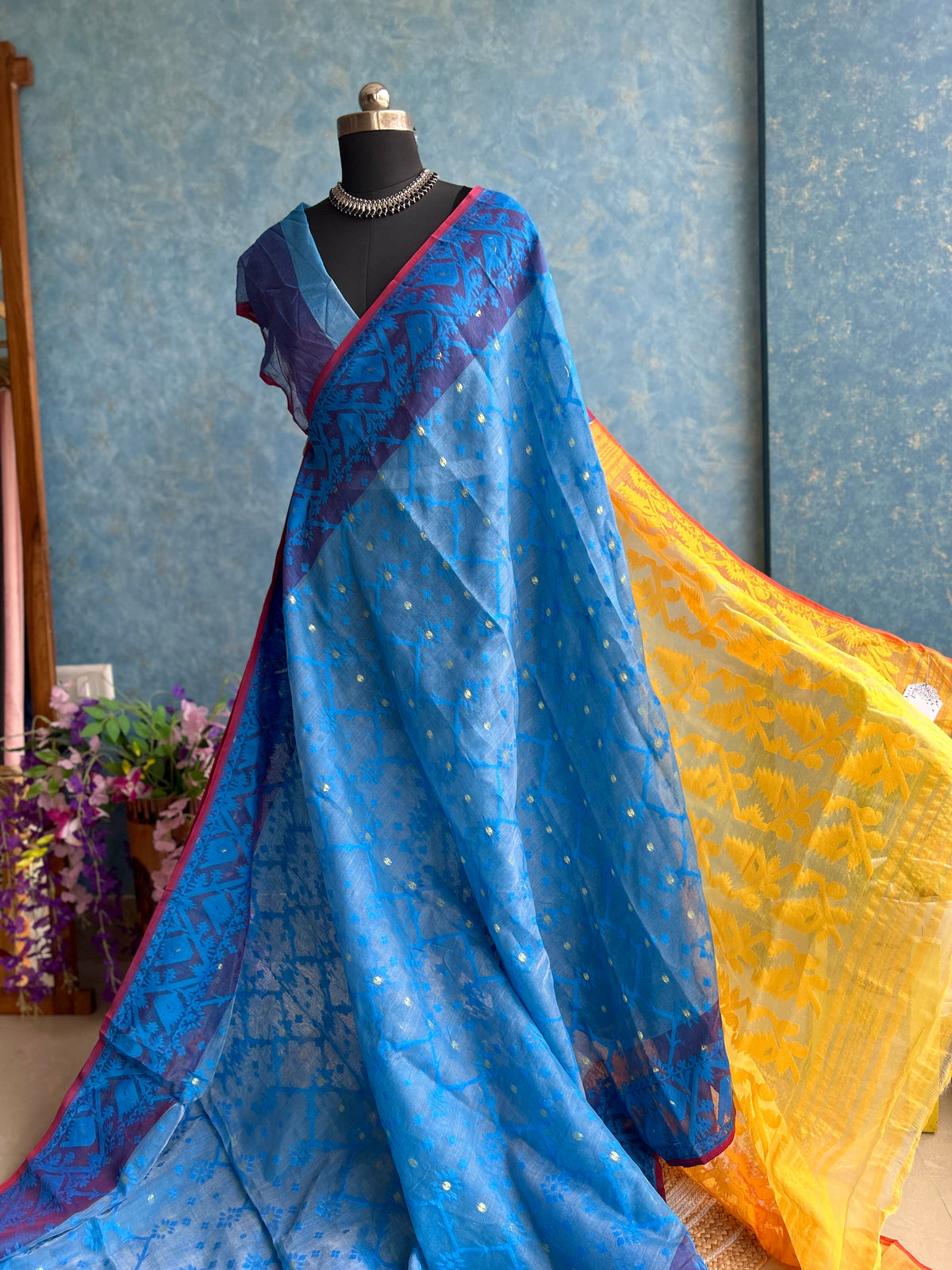 Azure Blue and Yellow Soft Dhakai Jamdani — view 3