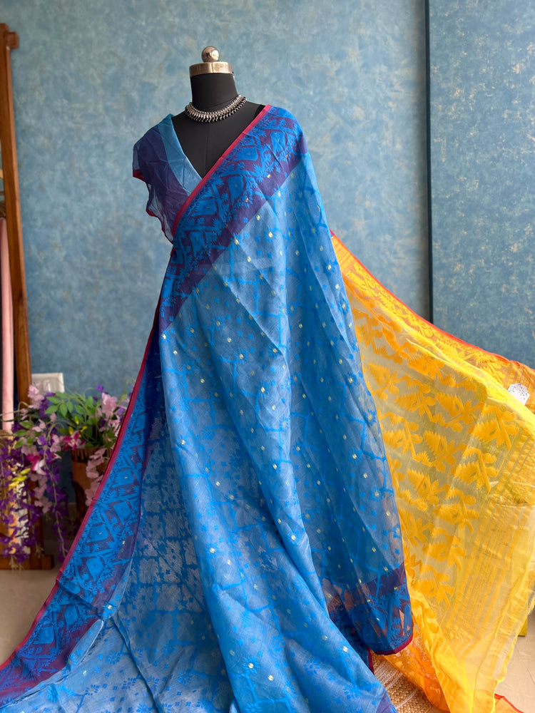 Azure Blue and Yellow Soft Dhakai Jamdani