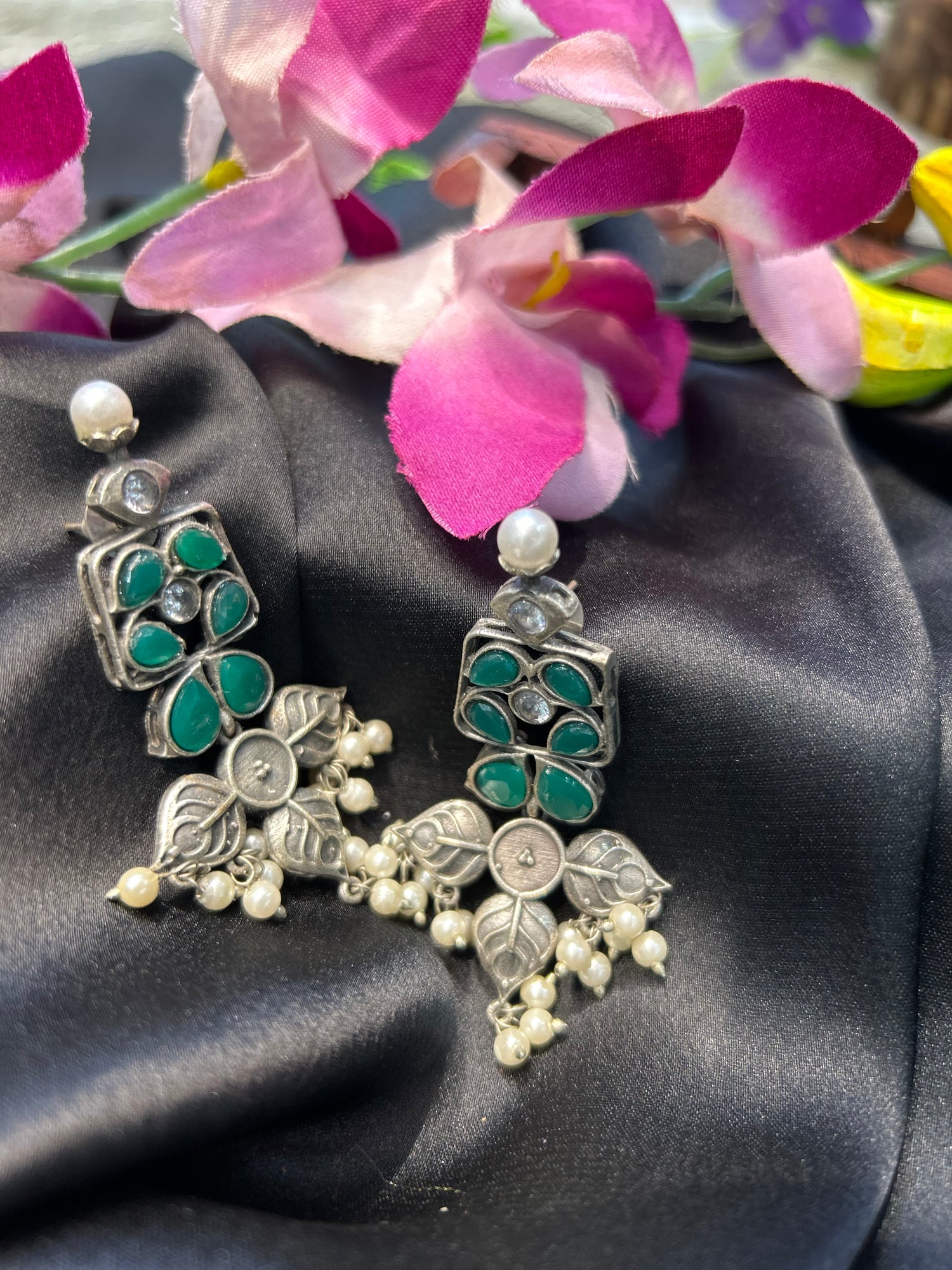 Green Silver Oxidised Earrings — view 3