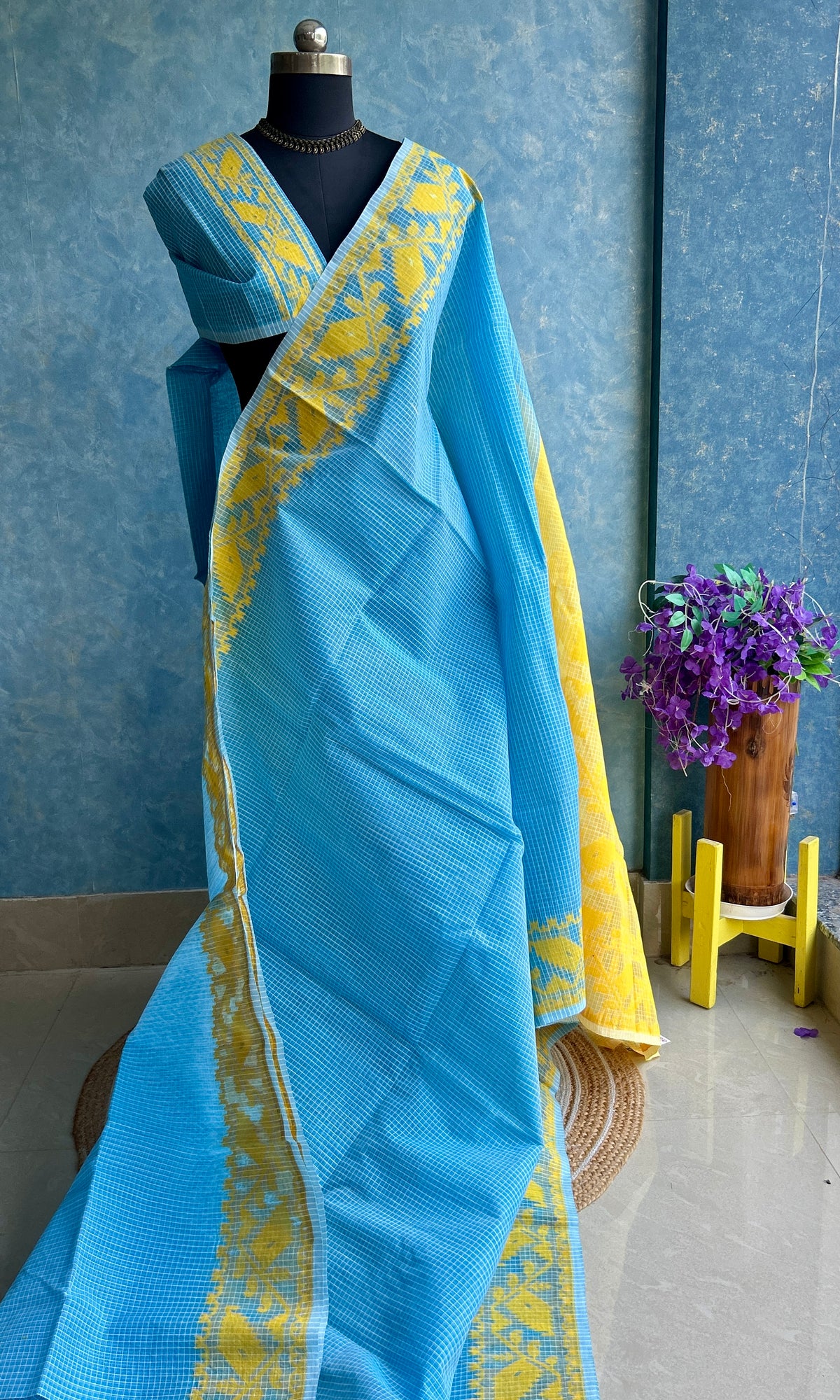 Sky Blue & Yellow Semi Hard Dhakai Jamdani — view 2