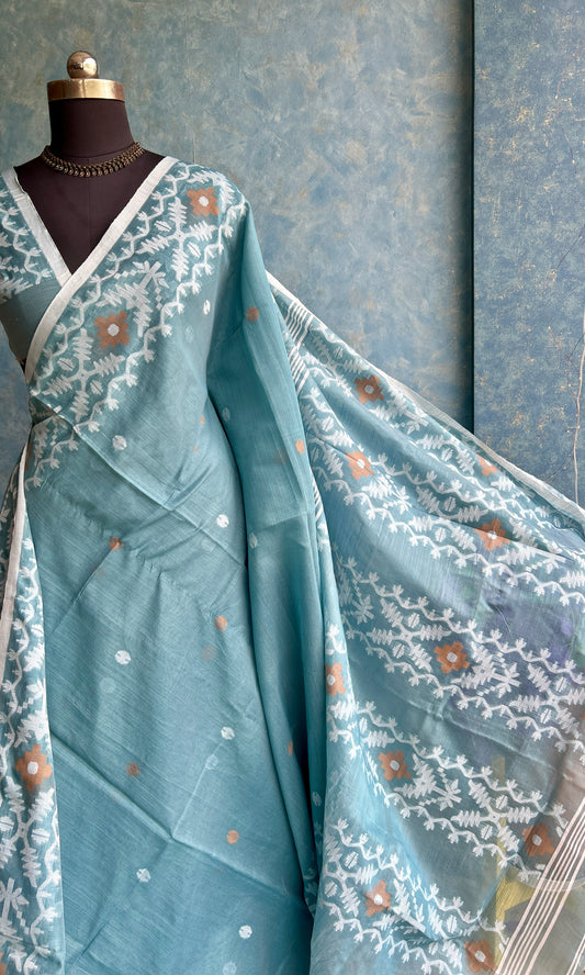 Marble Grey Blue Handloom Jamdani Saree