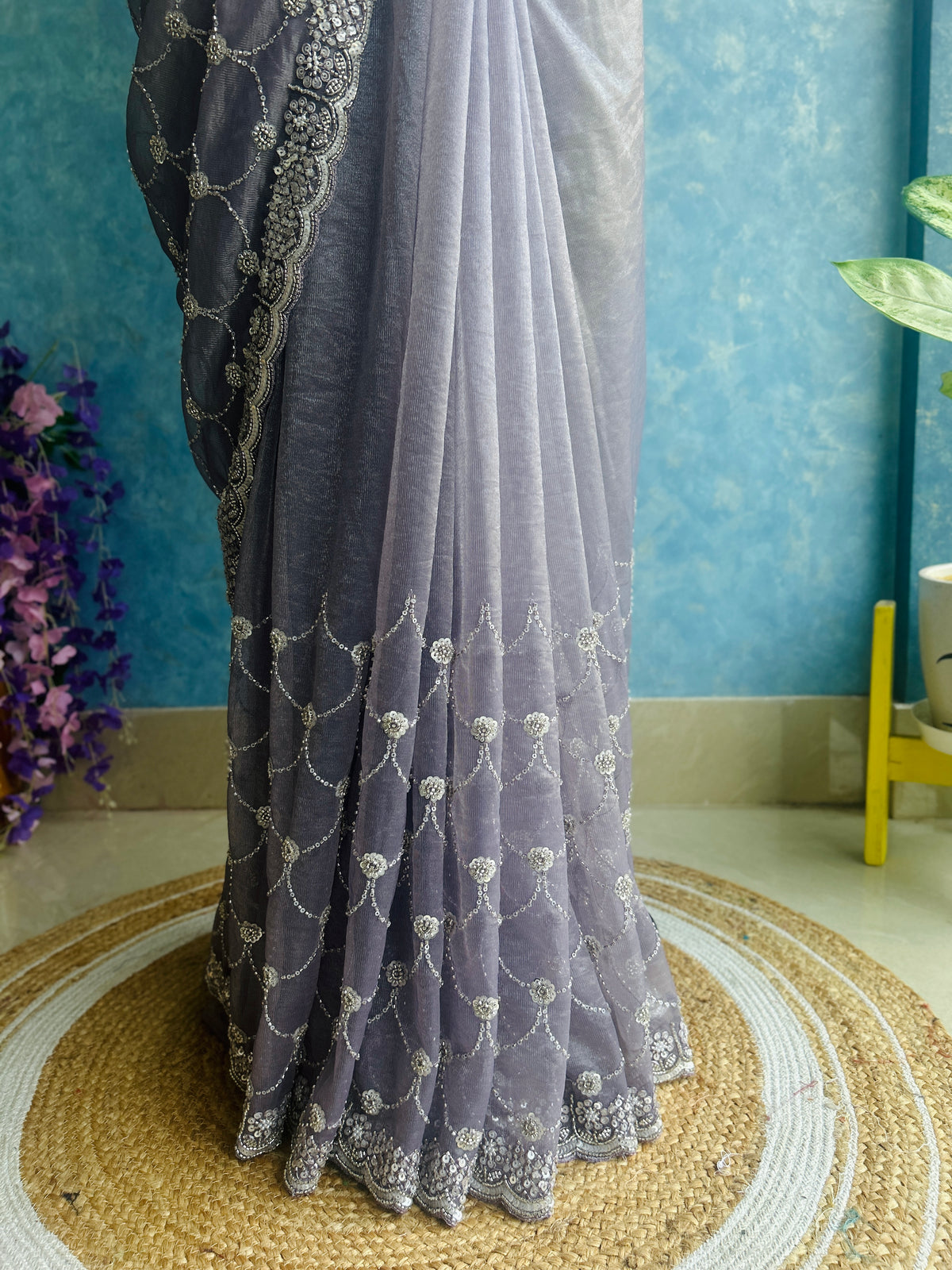 Light Purple Hand Embroidery on Tissue Sari — view 7