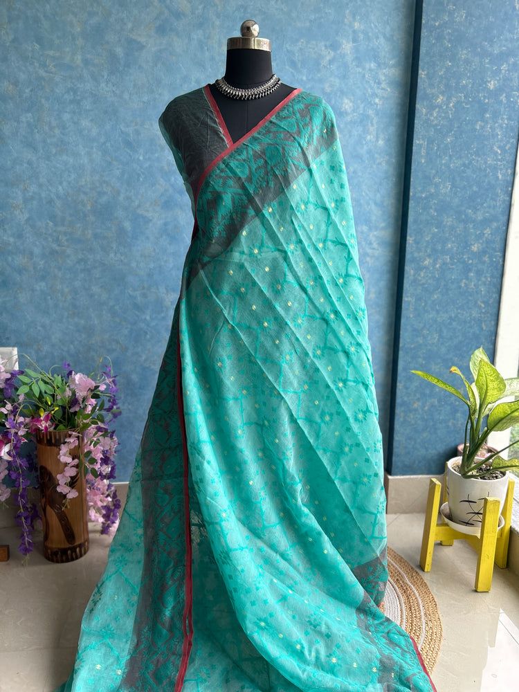 Turquoise and Pink Soft Dhakai Jamdani