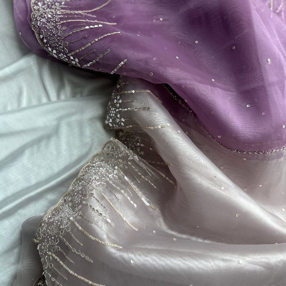 Mauve and Perl Colour Hand Embroidery on Organza Sari — view 3