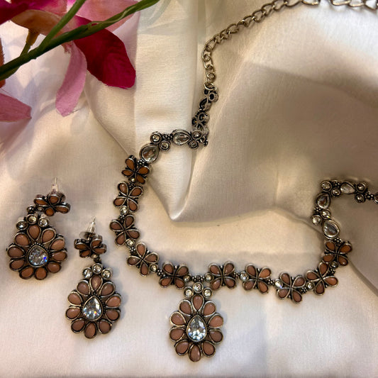 Peach Stone Oxidised Necklace Set