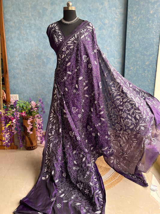 Mauve - Kantha Stitched Blended Silk Saree