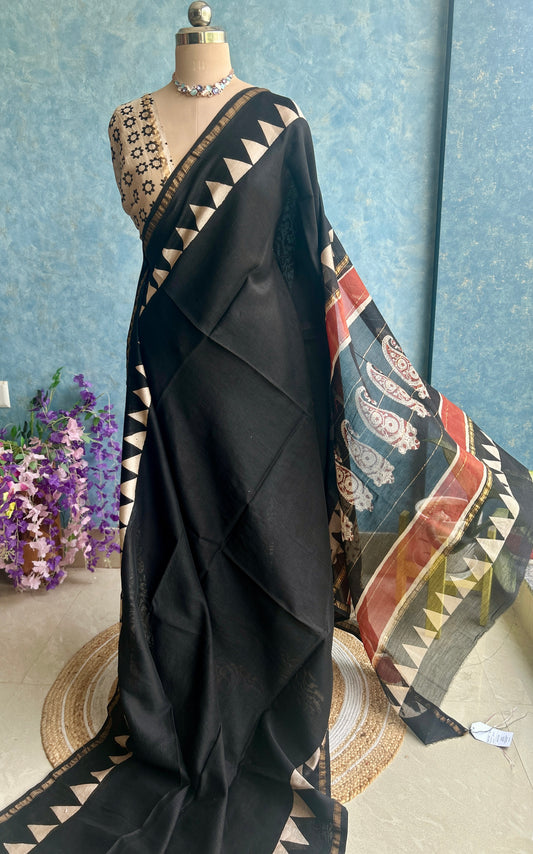 Black Hand Block Printed Chanderi Sari