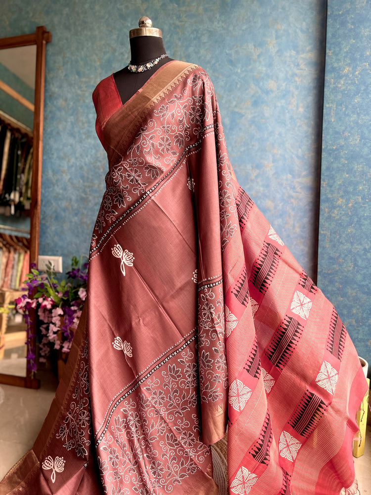 Cinnamon Handblock Bishnupuri Silk Sari