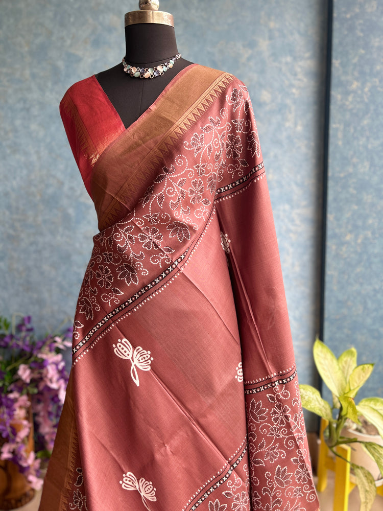 Cinnamon Handblock Bishnupuri Silk Sari