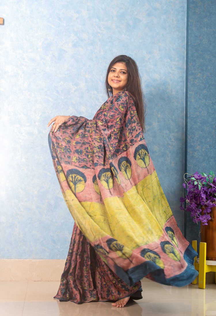 Dusty Rose Modal Tussar Ajrakh Saree