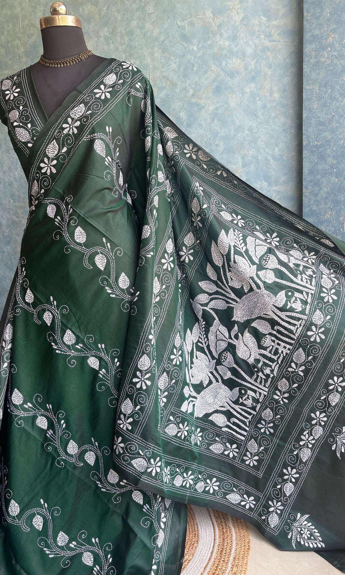 Bottle Green Kantha Saree — view 3