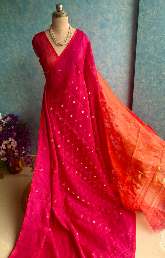 Pink Orange Soft Dhakai Jamdani