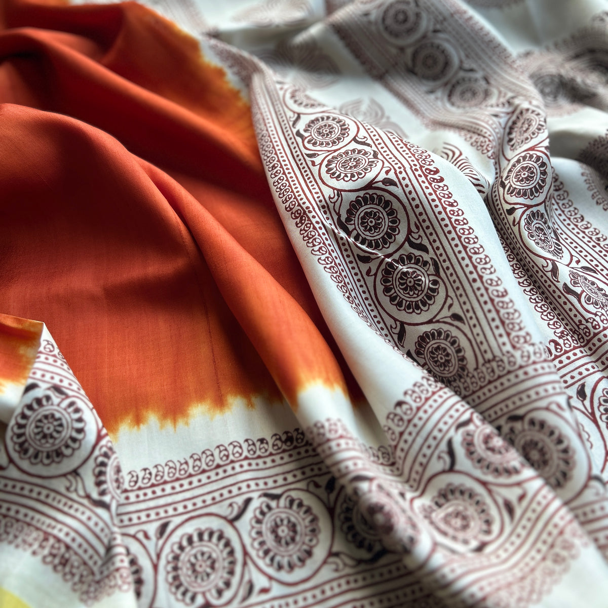 Neo Orange Handblock Bishnupuri Silk Sari — view 7