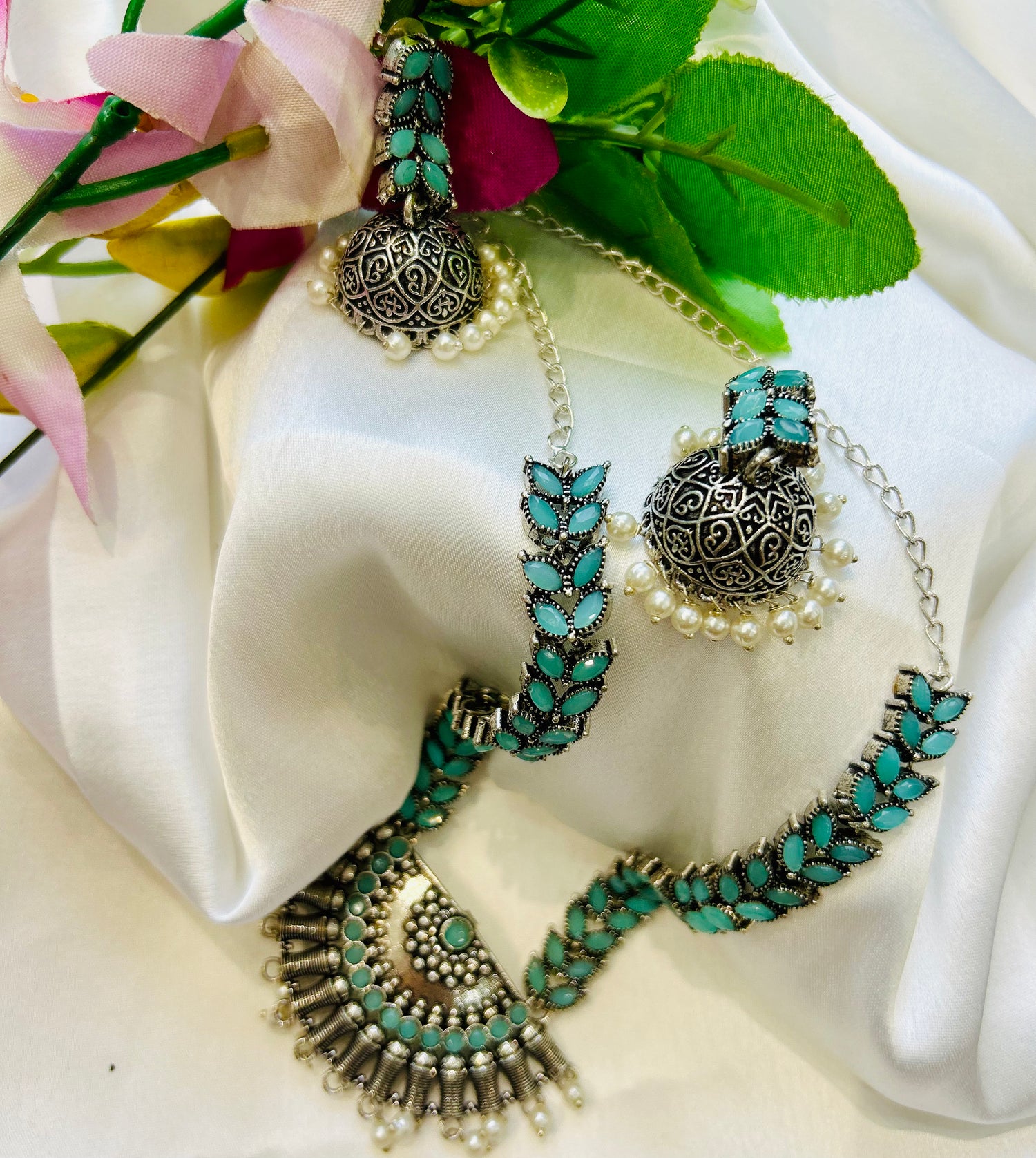 Torques Silver Look Alike Oxidised Necklace Set — view 3