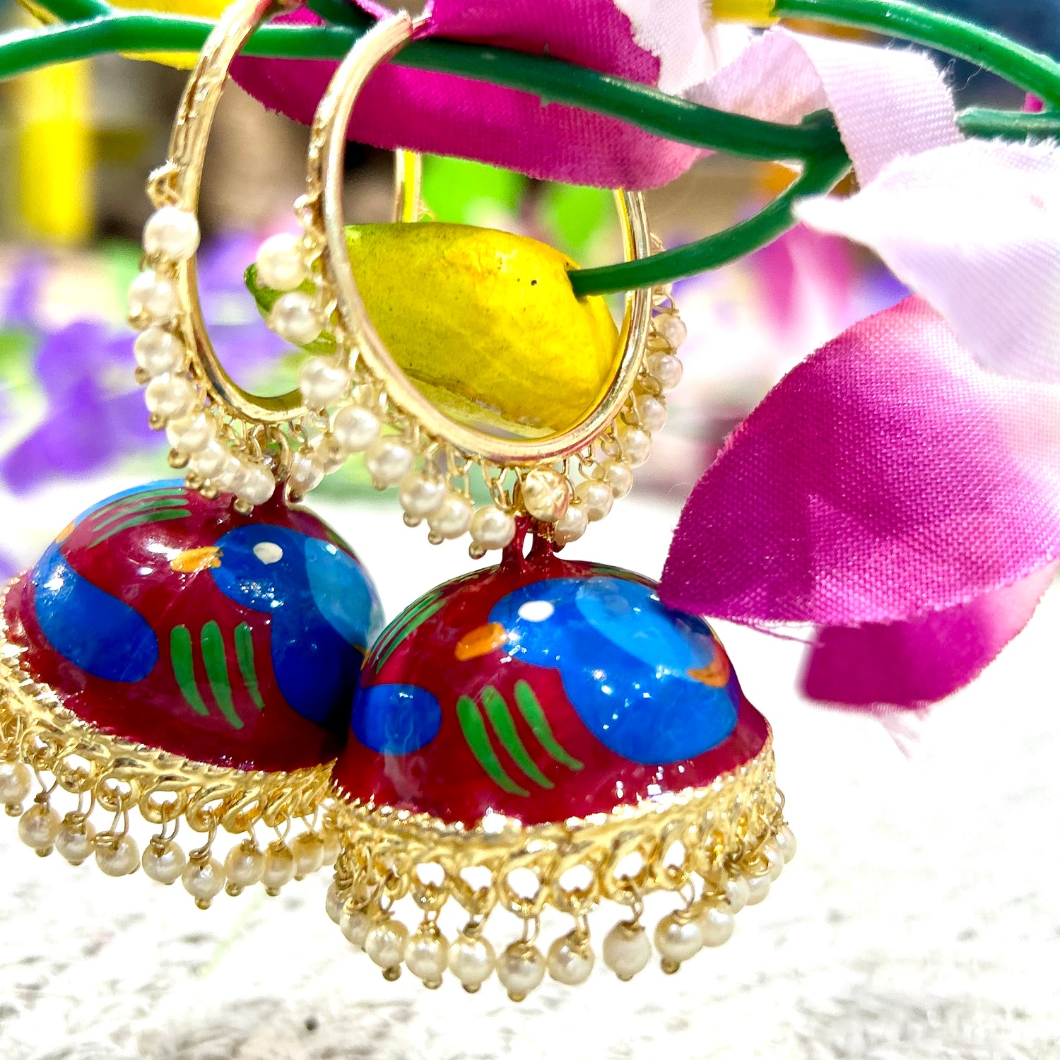 Maroon Hand Painted Jhumka — view 5