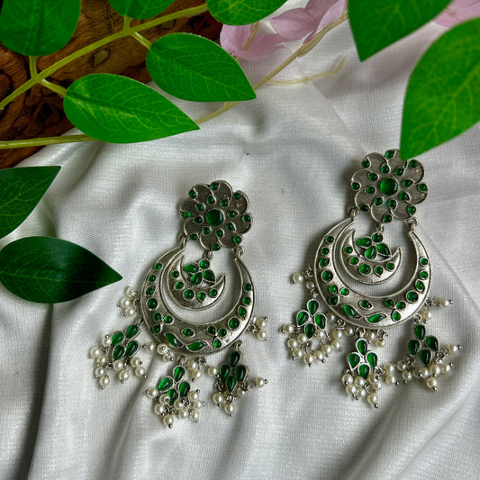 Green Silver Oxidised Earrings