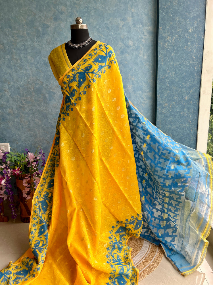 Yellow and Blue Soft Dhakai Jamdani