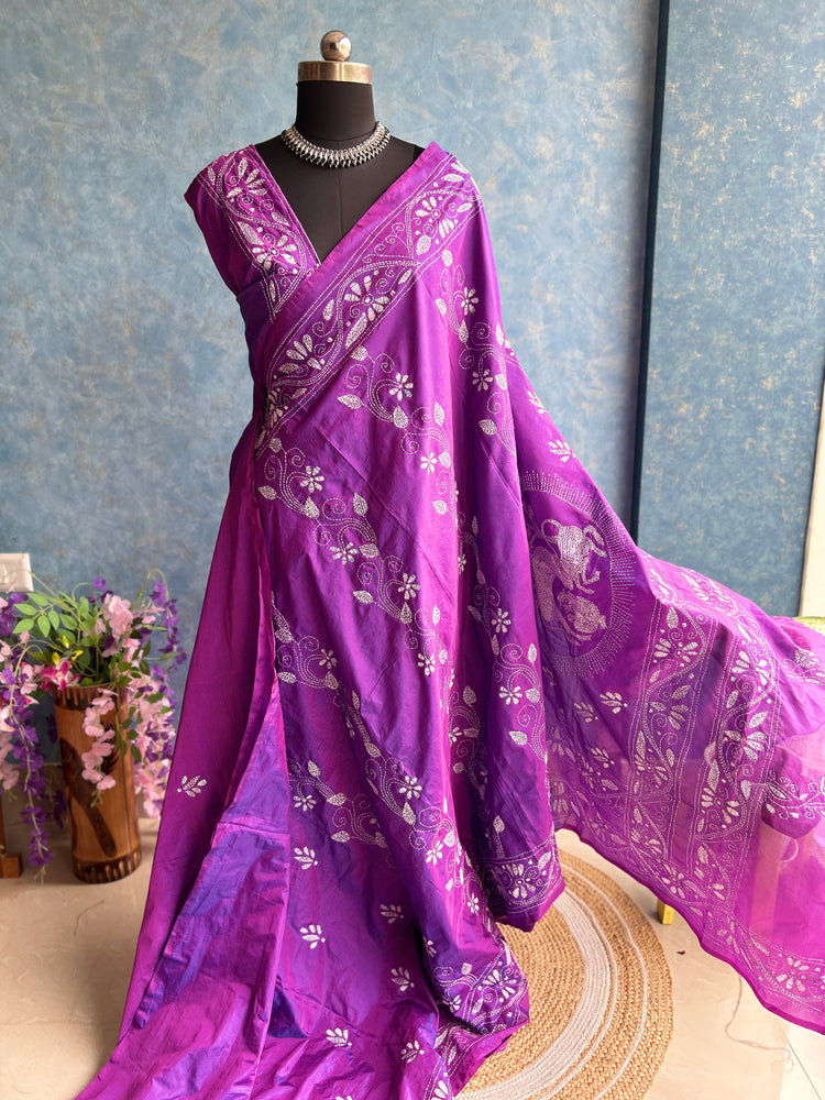 Orchid - Kantha Stitched Blended Silk Saree