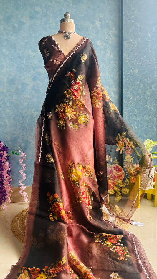 Cocoa and Rosy Color Kora Handwoven Pure Silk by Silk Sari
