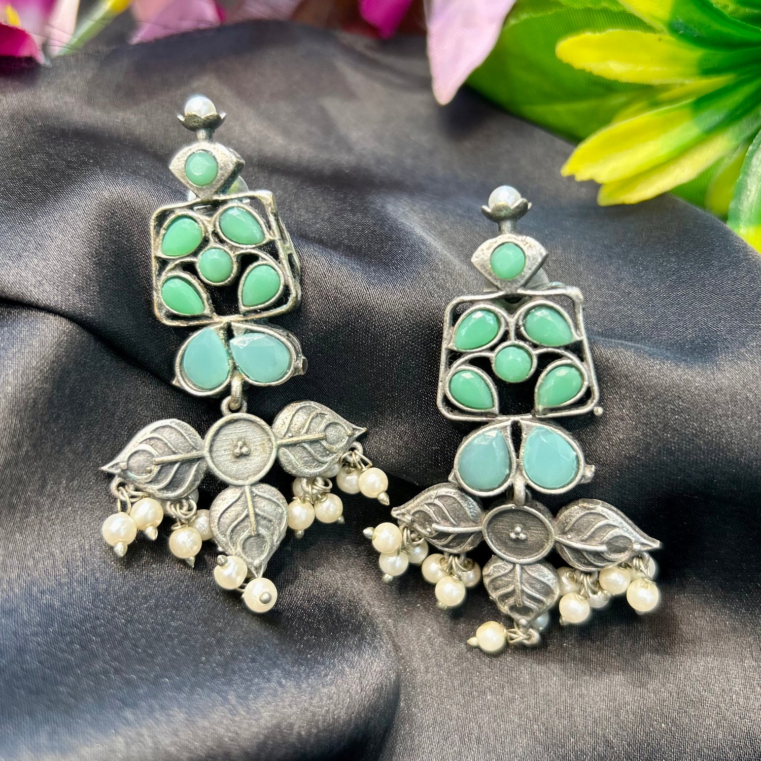 Pastle Green Silver Oxidised Earrings — view 2