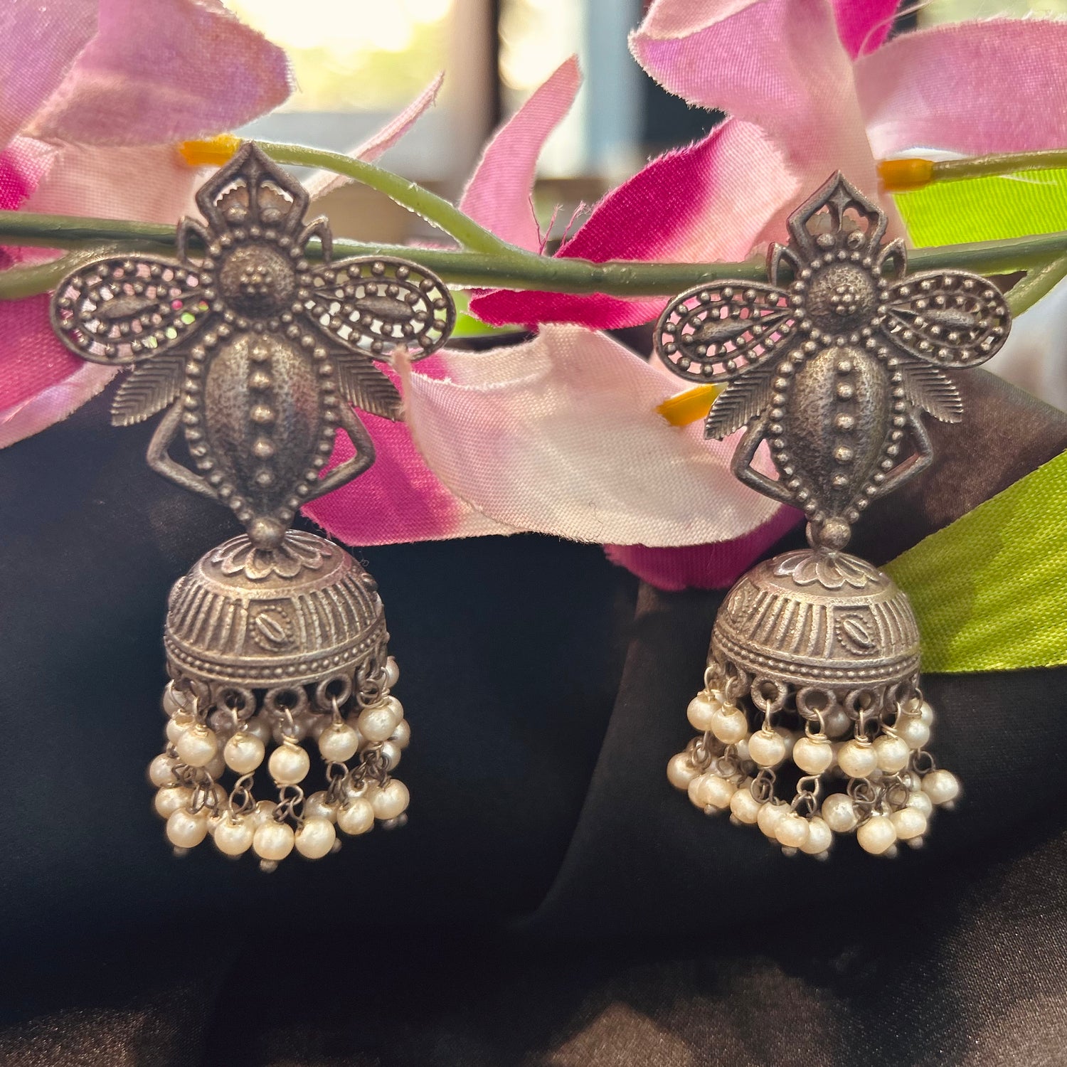Black polished Silver Oxidised Jhumka — view 4
